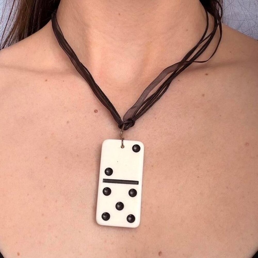 Ballerina Domino necklace with adjustable black ribbon cord chain